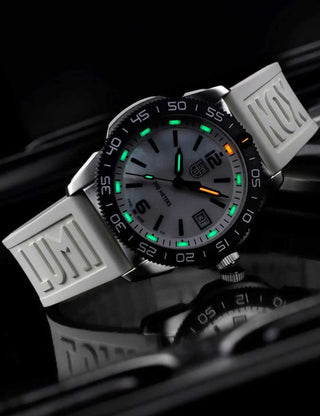 Angle shot of Luminox XS.3128M.SET Mother Of Pearl Dial Pink Strap Unisex Watch on white background