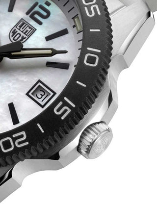 Angle shot of Luminox XS.3128M.SET Mother Of Pearl Dial Pink Strap Unisex Watch on white background