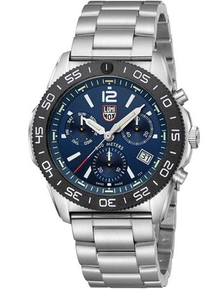 Angle shot of Luminox Chronograph XS.3144 Blue Dial Silver Stainless Steel Unisex Watch on white background