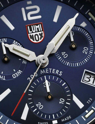 Angle shot of Luminox Chronograph XS.3144 Blue Dial Silver Stainless Steel Unisex Watch on white background