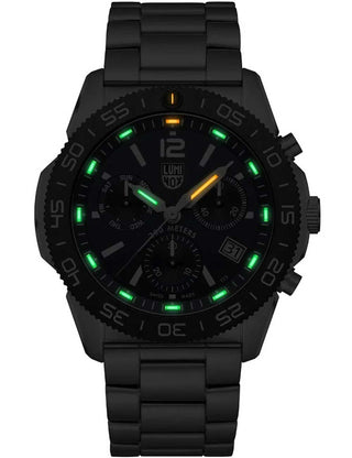 Angle shot of Luminox Chronograph XS.3144 Blue Dial Silver Stainless Steel Unisex Watch on white background
