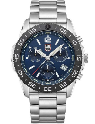 Front view of Luminox Chronograph XS.3144 Blue Dial Silver Stainless Steel Unisex Watch on white background