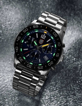 Angle shot of Luminox Chronograph XS.3144 Blue Dial Silver Stainless Steel Unisex Watch on white background