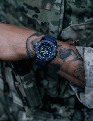Angle shot of Luminox XS.3255.CB.NSF Black Dial Blue Strap Unisex Watch on white background