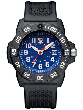 Angle shot of Luminox XS.3503.F Blue Dial Black Silicone Unisex Watch on white background