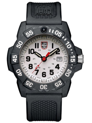 Angle shot of Luminox XS.3507 White Dial Black Silicone Unisex Watch on white background