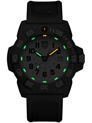 Angle shot of Luminox XS.3507 White Dial Black Silicone Unisex Watch on white background