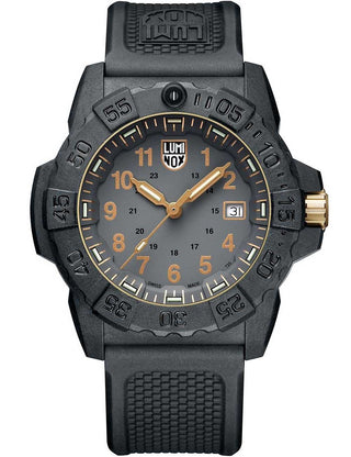 Front view of Luminox XS.3508.GOLD Grey Dial Black Strap Unisex Watch on white background