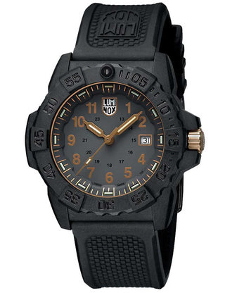 Angle shot of Luminox XS.3508.GOLD Grey Dial Black Strap Unisex Watch on white background