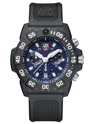 Angle shot of Luminox Chronograph XS.3583 Blue Dial Black Silicone Unisex Watch on white background