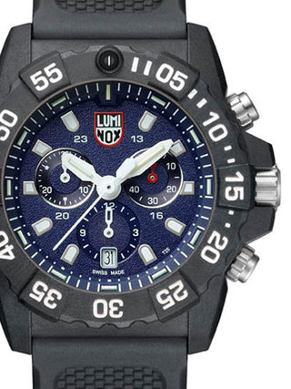 Front view of Luminox Chronograph XS.3583 Blue Dial Black Silicone Unisex Watch on white background