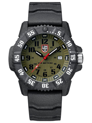 Angle shot of Luminox XS.3813.L Green Dial Black Silicone Unisex Watch on white background