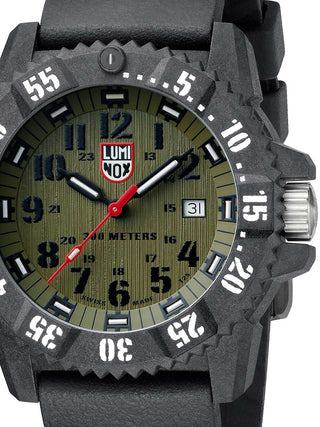 Front view of Luminox XS.3813.L Green Dial Black Silicone Unisex Watch on white background