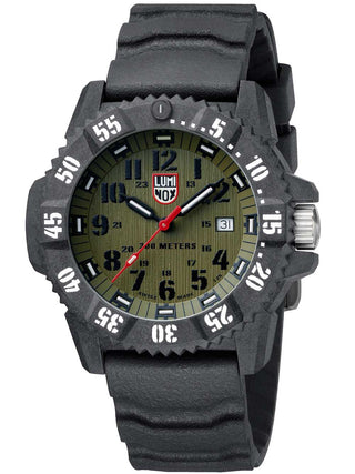 Angle shot of Luminox XS.3813.L Green Dial Black Silicone Unisex Watch on white background