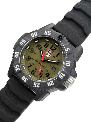Angle shot of Luminox XS.3813.L Green Dial Black Silicone Unisex Watch on white background