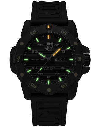 Angle shot of Luminox XS.3865.GOLD Black Silicone Unisex Watch on white background