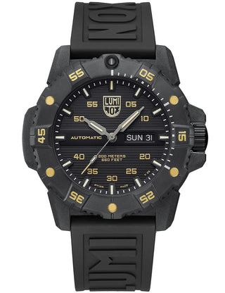 Front view of Luminox XS.3865.GOLD Black Silicone Unisex Watch on white background