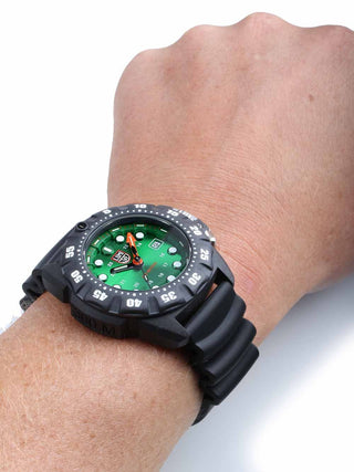 Angle shot of Luminox XS.1567 Green Dial Black Strap Unisex Watch on white background