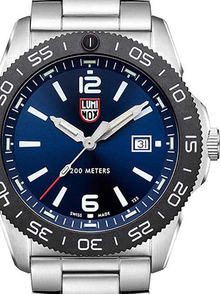 Front view of Luminox XS.3123 Blue Dial Silver Stainless Steel Unisex Watch on white background