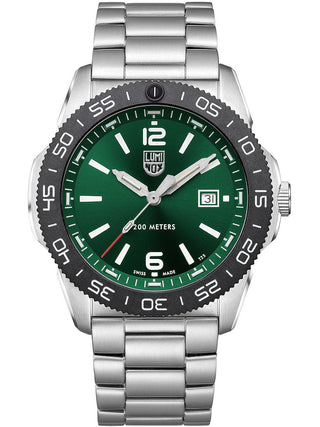 Angle shot of Luminox XS.3137 Green Dial Silver Stainless Steel Unisex Watch on white background