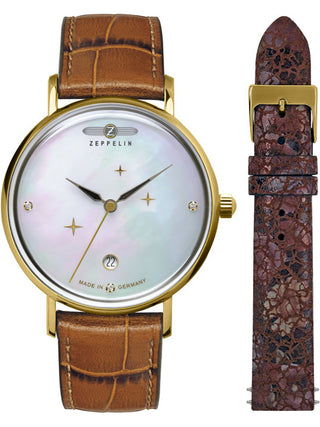 Front view of Zeppelin 71315 Brown Leather Womens Watch on white background