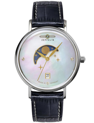 Front view of Zeppelin 7133-3 Silver Dial Black Stainless Steel Womens Watch on white background