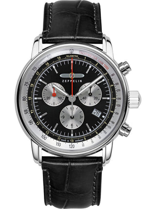 Front view of Zeppelin Chronograph 88882 Black Leather Unisex Watch on white background