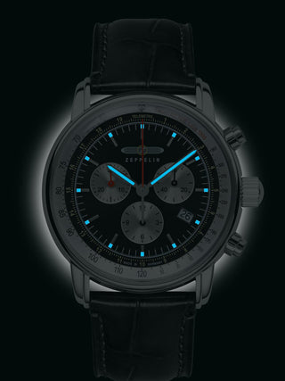 Angle shot of Zeppelin Chronograph 88882 Black Leather Unisex Watch on white background
