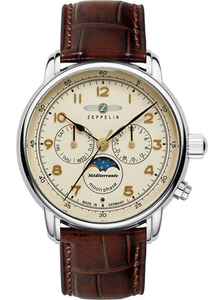 Front view of Zeppelin 96365 Brown Leather Unisex Watch on white background